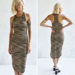 Ecote OU Space-Dye Tan Gold Sleeveless Rib Sweater Knit High-Neck Midi Dress- S